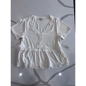 Atelier by Kirious Blouse Women's Large V-Neck Short Sleeve Ruffle Casual Ivory